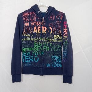 Aeropostale Full Zip Vintage Y2K Graffiti Print Hooded Sweatshirt Juniors M